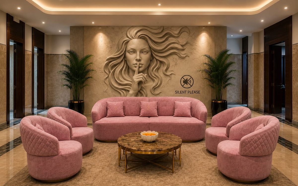 The Hilt Suite grand lobby with rose-hued lounge seating